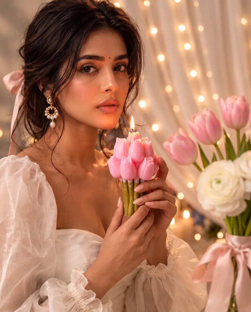 Model holding the Blush Bouquet tulip candle