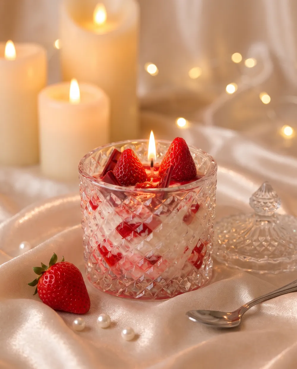 Strawberry Parfait candle on ivory satin